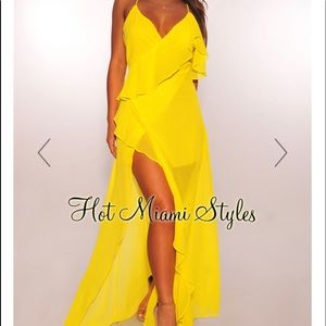 Yellow Lemon Wrap Ruffle Slit Maxi Dress